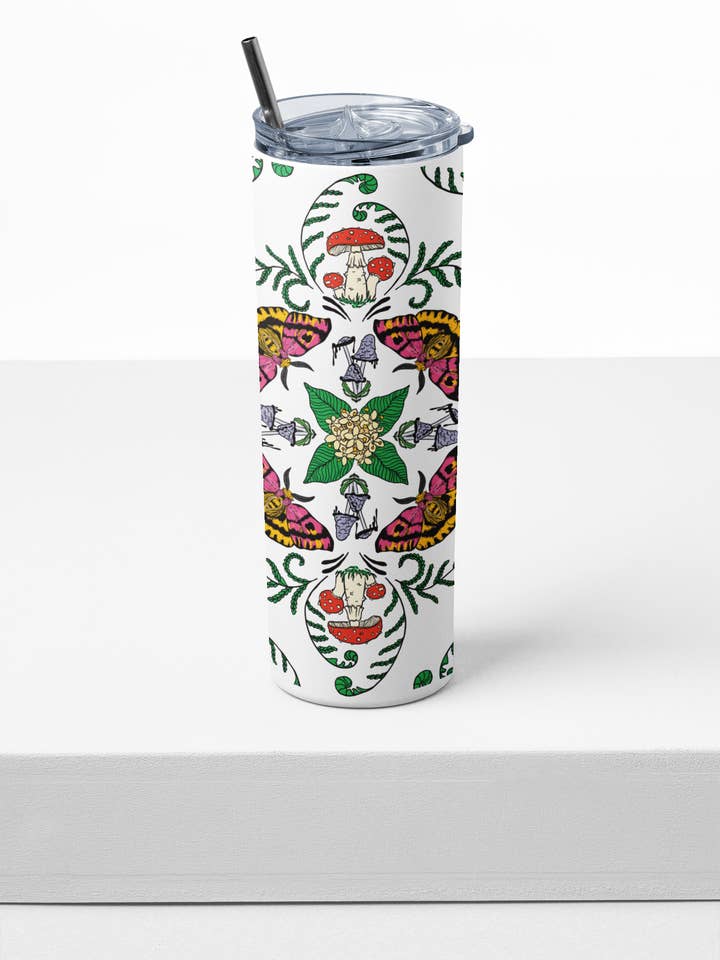 Mushrooms, Moths + Flowers Full Wrap | 20oz Steel Travel Mug for wholesale by Mushroom Marauder