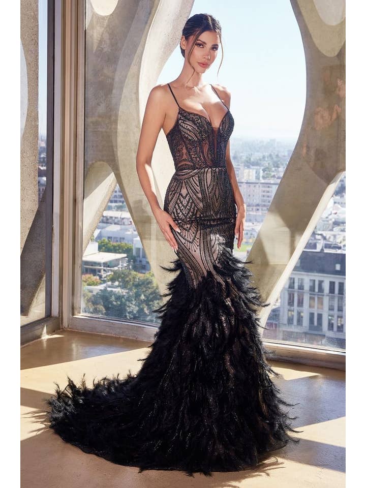 Tux-USA® - Wholesale Gown - Women's - Fully Embellished & Feathered Mermaid Gown