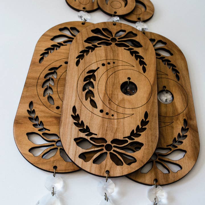 HEX Botanical - Wholesale Suncatcher - Lunar Moon Wooden Wall Hanging Suncatcher w/ Crystal Prisms