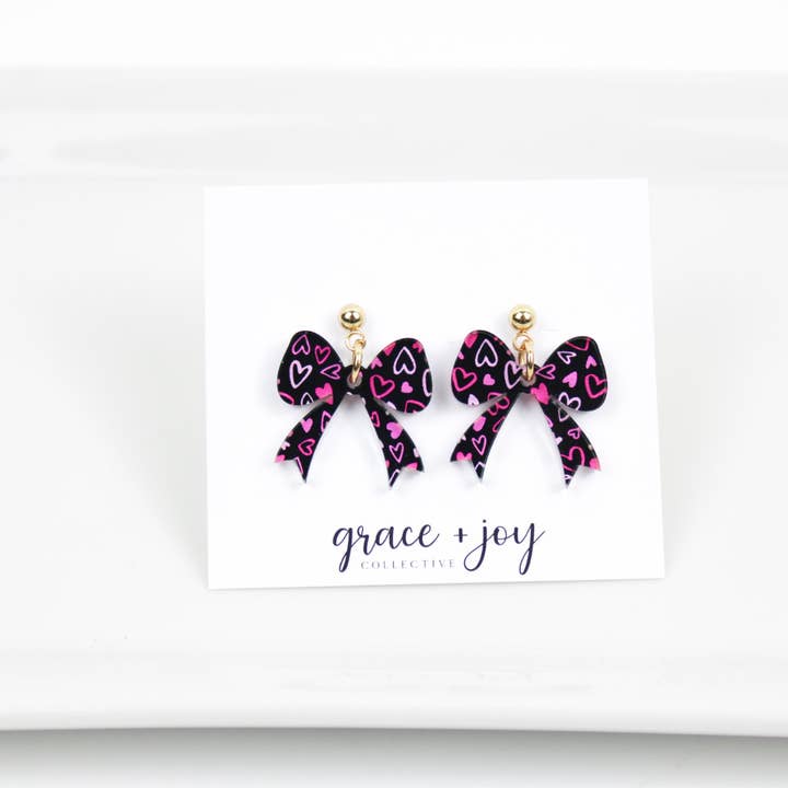 Pink and Black Bow Earrings with Hearts for wholesale by Grace + Joy Collective