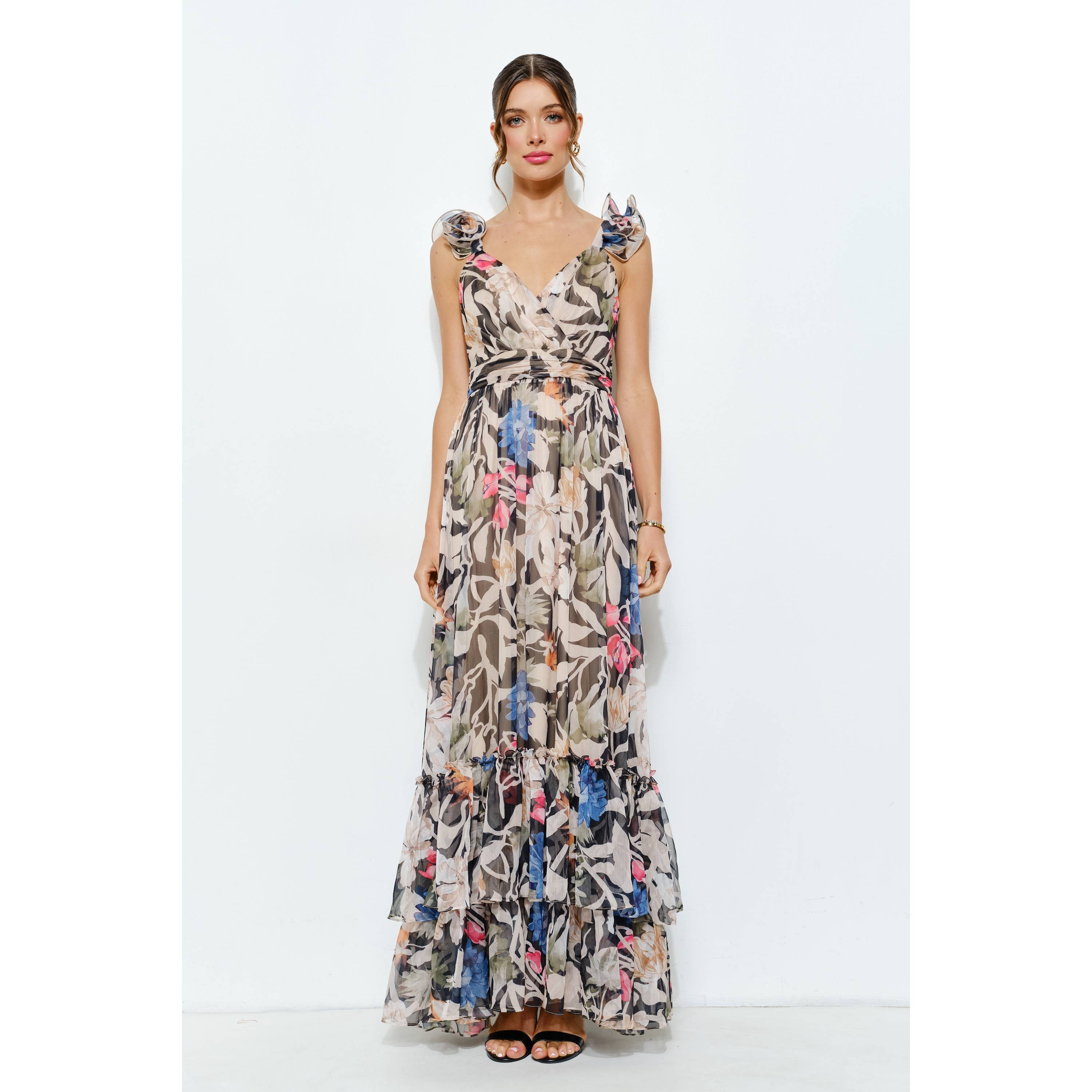 INA - Vendita all'ingrosso Vestito - Donna - Abito lungo a balze in chiffon floreale con spalle arricciate9