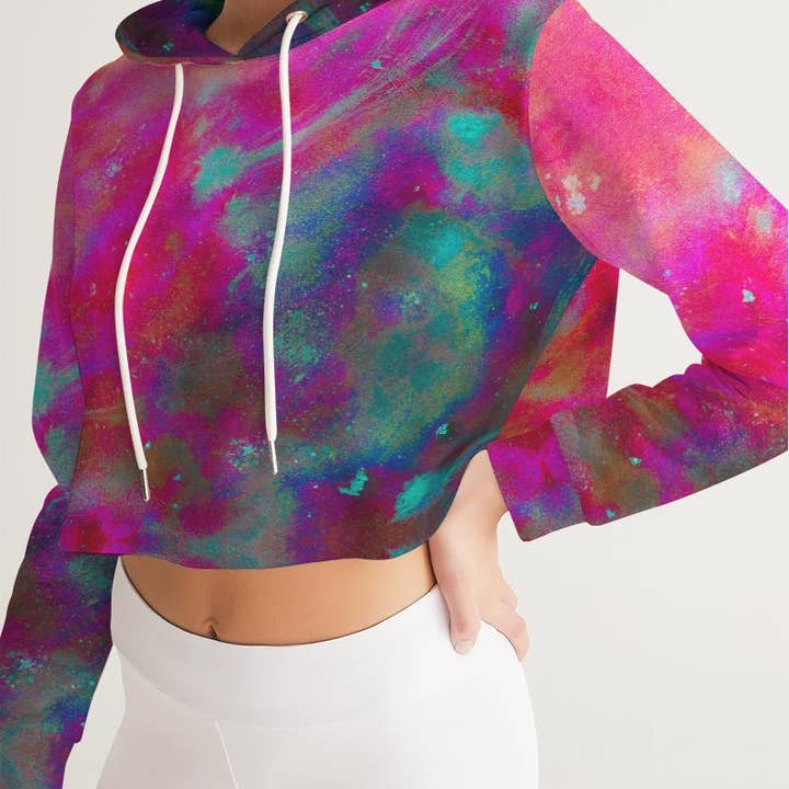 Two Wishes Pink Starburst Women's Cropped Hoodie for wholesale by Fridge Art Boutique