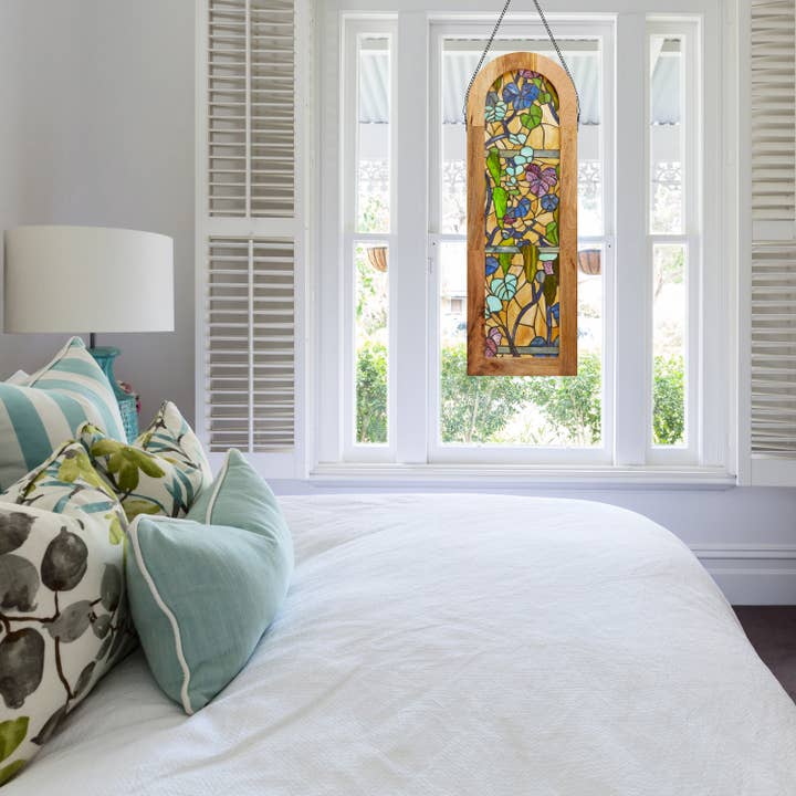 36"H Fruitful Grapevine Stained Glass Window Panel for wholesale by River of Goods