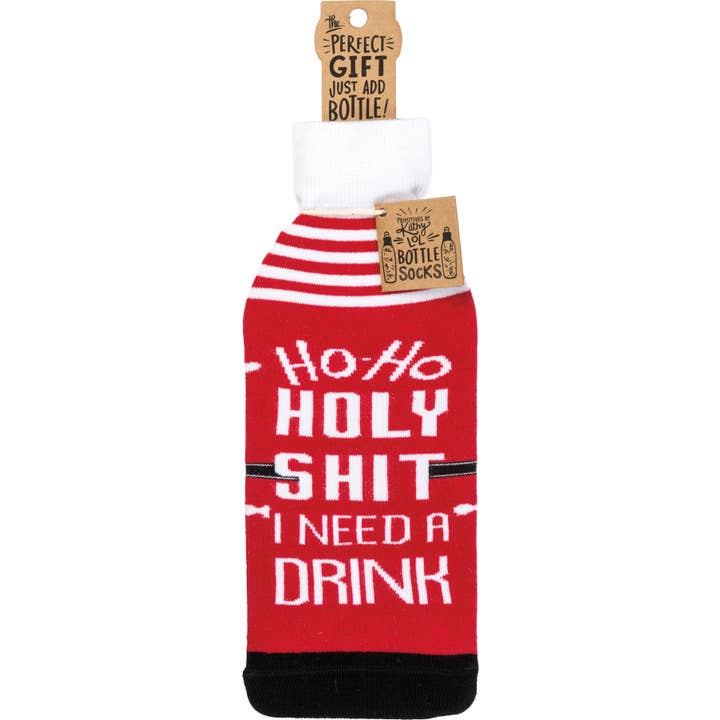 Primitives by Kathy - Wholesale Wine Gift Bag - Ho Ho Holy I Need A Drink Bottle Sock