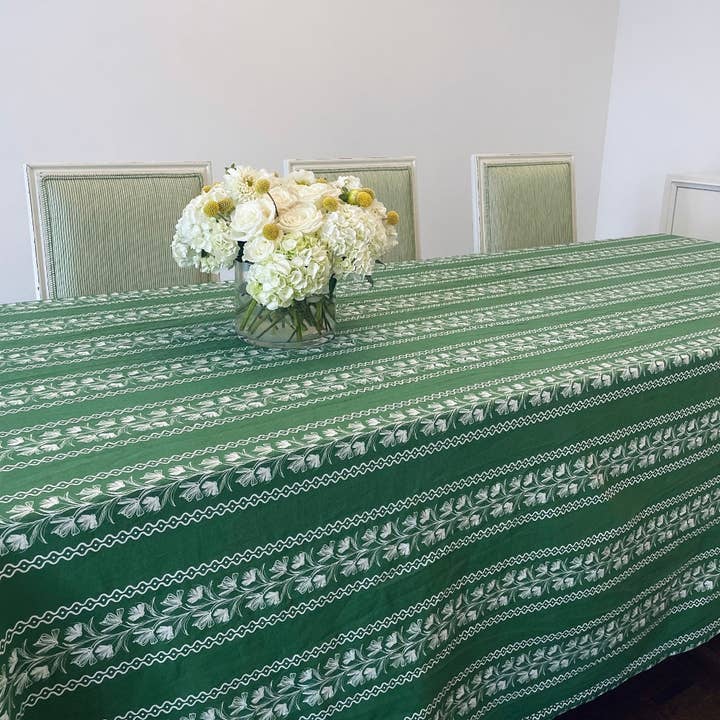 FLORAL STRIPE TABLECLOTH, GREEN for wholesale by Mason Maison