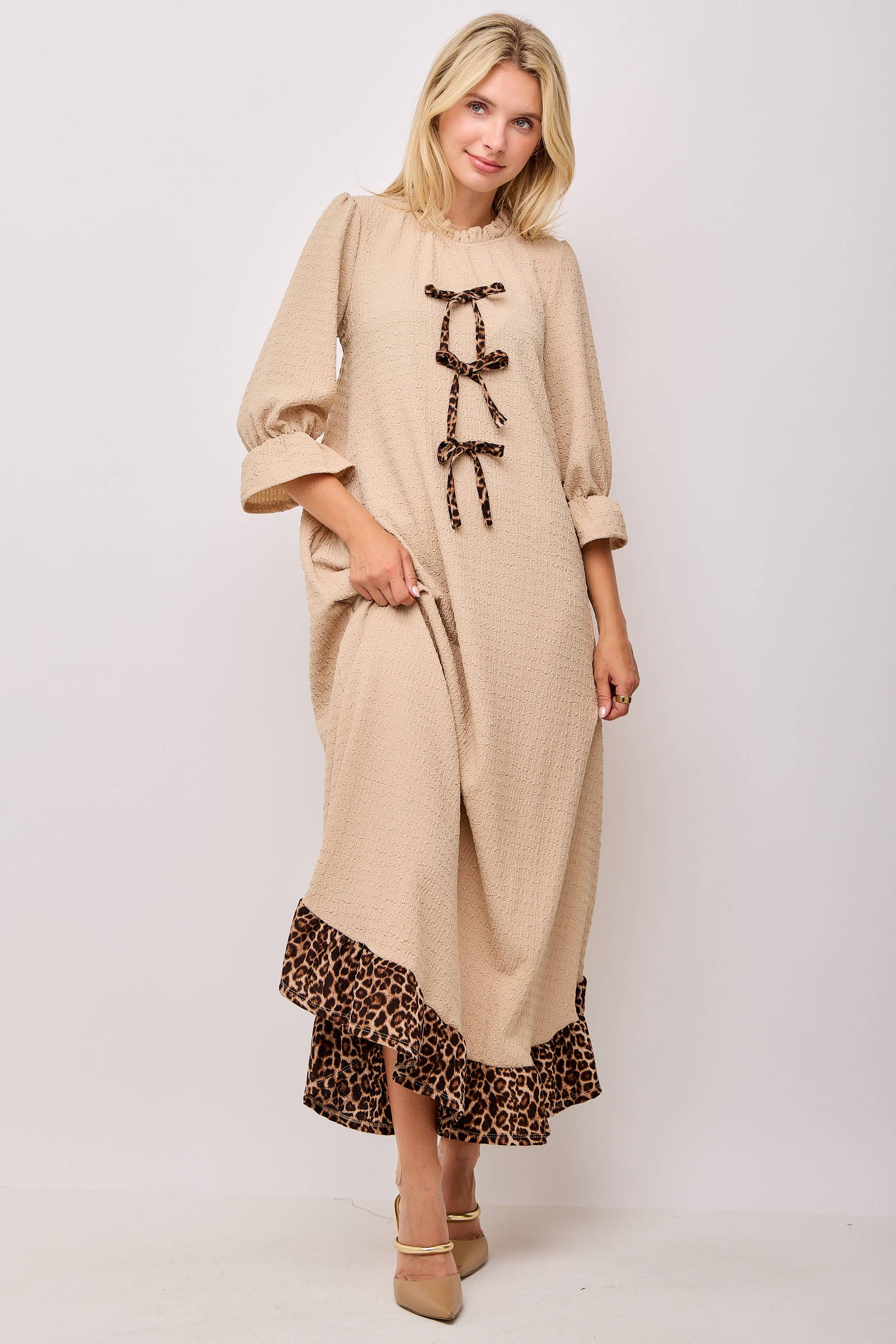 Celeste Clothing - Wholesale Dress - Women's - WOMEN'S PLUS SIZE  MAXI DRESS -LEOPARD CONTRAST AND BOWS 0