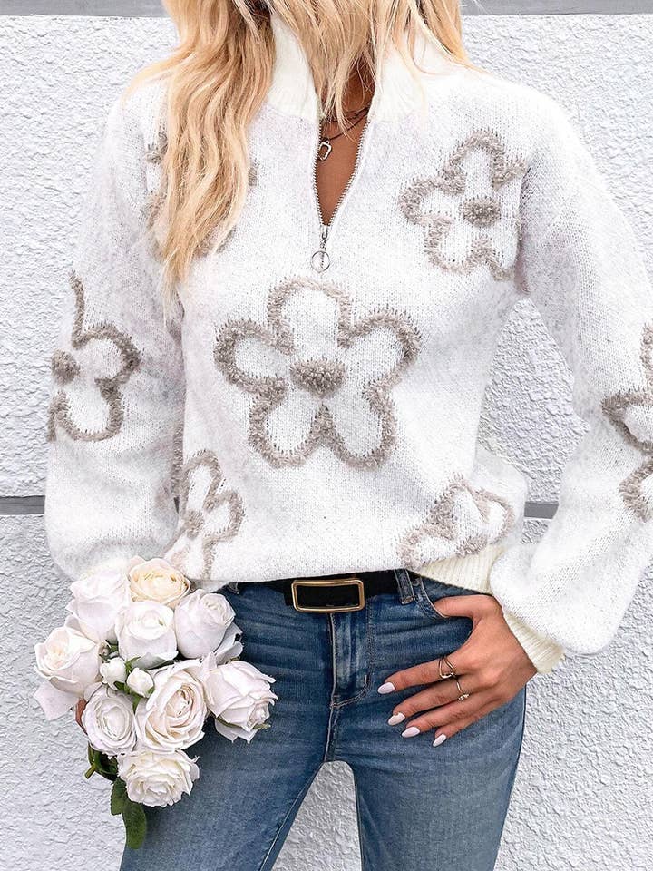 FULL TIME PURCHASE - Wholesale Knit Sweater - Women's - Contrast Flower Half Zipper Stand Neck Sweater
