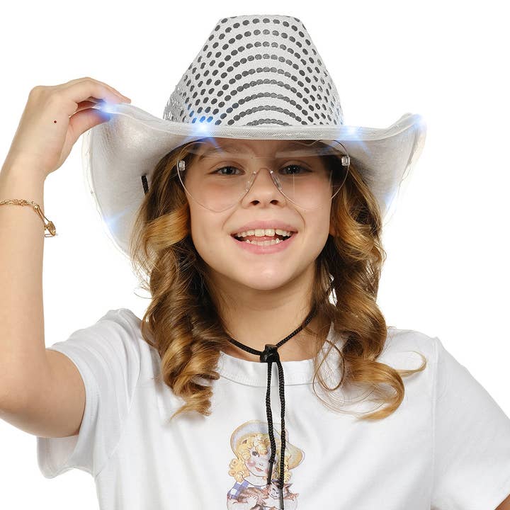 Funcredible - Wholesale Cowboy Hat - Women's - Space Cowgirl Hat - White Light Up Cowboy Hat with Glasses