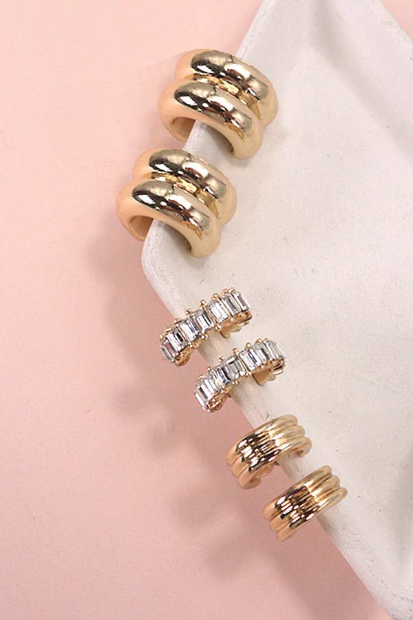 Gold BAGUETTE STONE DOUBLE HOOP HUGGIE TRIO EARRINGS | 80E5317 for wholesale on Faire