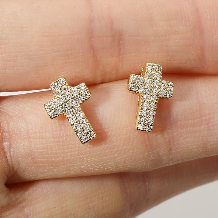 Sensibling Corp. - Wholesale Stud/Post Earrings - CZ Stone Paved Cross Stud Earrings