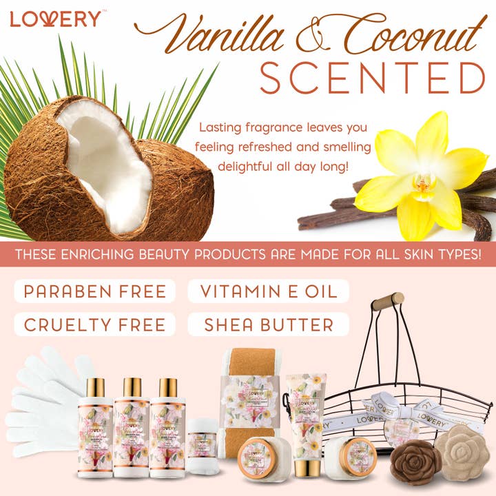 Lovery - Wholesale Bath & Body Set - Christmas Bath & Body Gift Set, 13pc Vanilla Coconut Spa Kit
