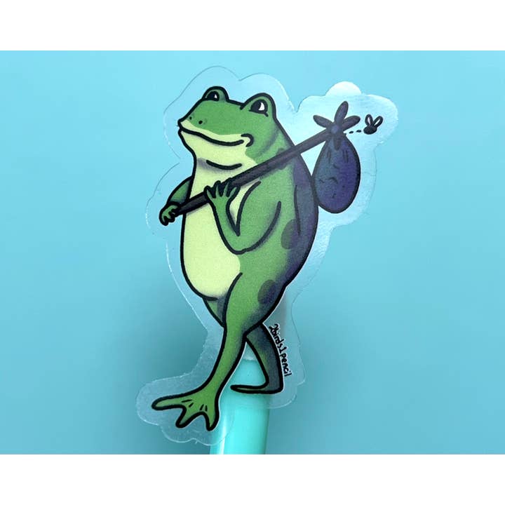 Adventure Frog Clear Vinyl Mini Sticker for wholesale by 2Birds1Pencil Illustrations