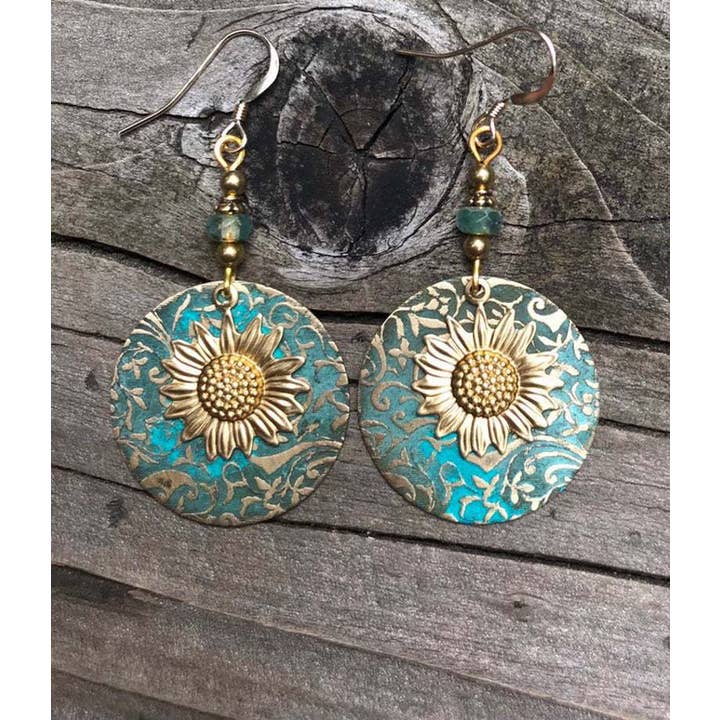 Color separation double layer sunflower retro earrings for wholesale on Faire