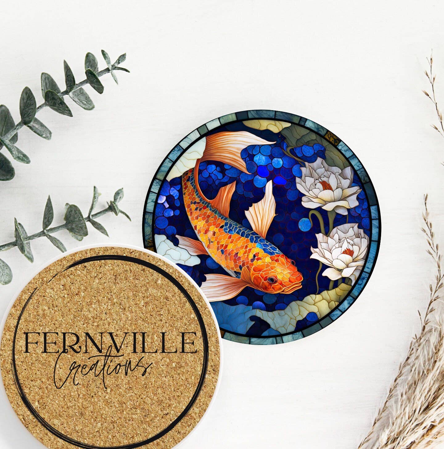 Fernville Creations - Wholesale Coasters - Stained Glass Koi & Goldfish Ceramic Coasters for Home Decor5