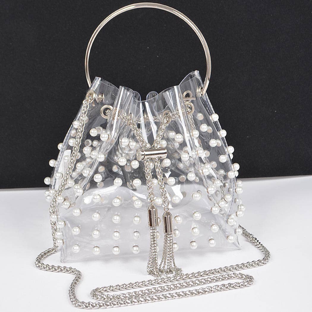 3AM BY H&D ACCESSORIES - Wholesale Crossbody Bag - Women's - Clear Pearl Stud Bucket Bag W/chain Tassle4