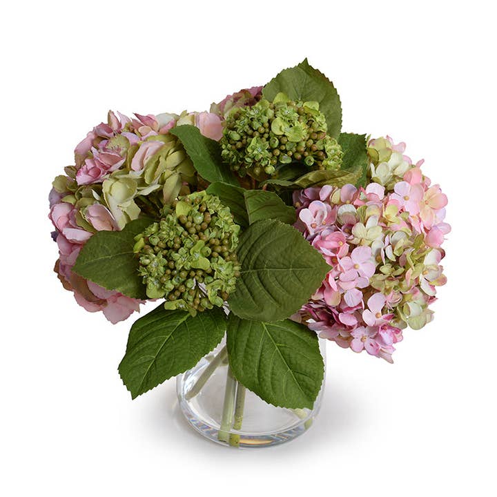 Hydrangea Arrangement in Glass 12"H for wholesale by New Growth Designs