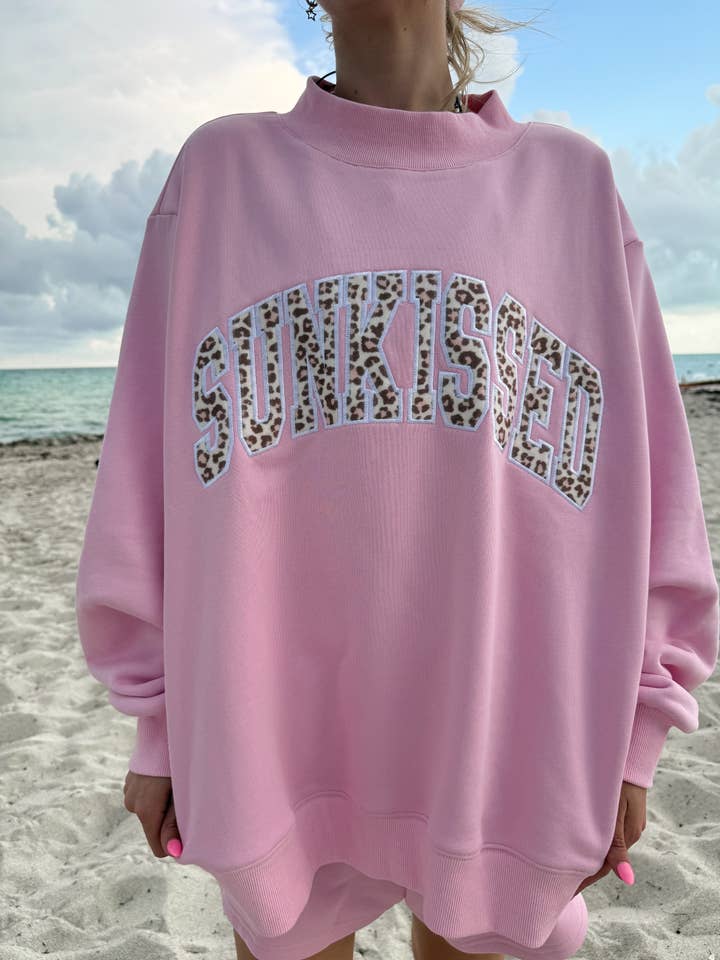 Bubblegum Pink Cheetah Print Varsity Sunkissed Embroidered Mockneck Sweatshirt 100% Cotton for wholesale on Faire