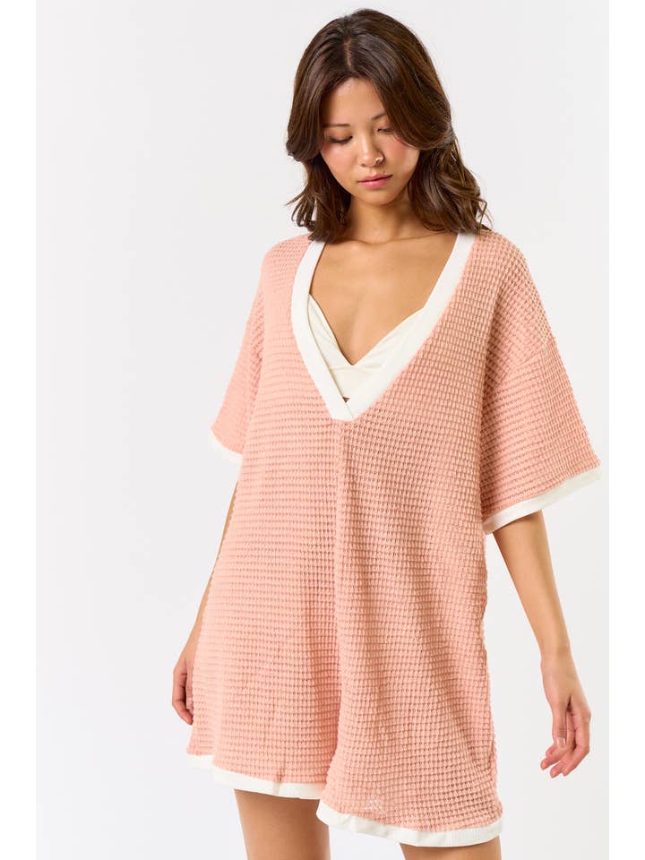 ROSE BR24220 CROCHET OPEN KNIT CONTRAST DEEP V-NECK ROMPER for wholesale on Faire