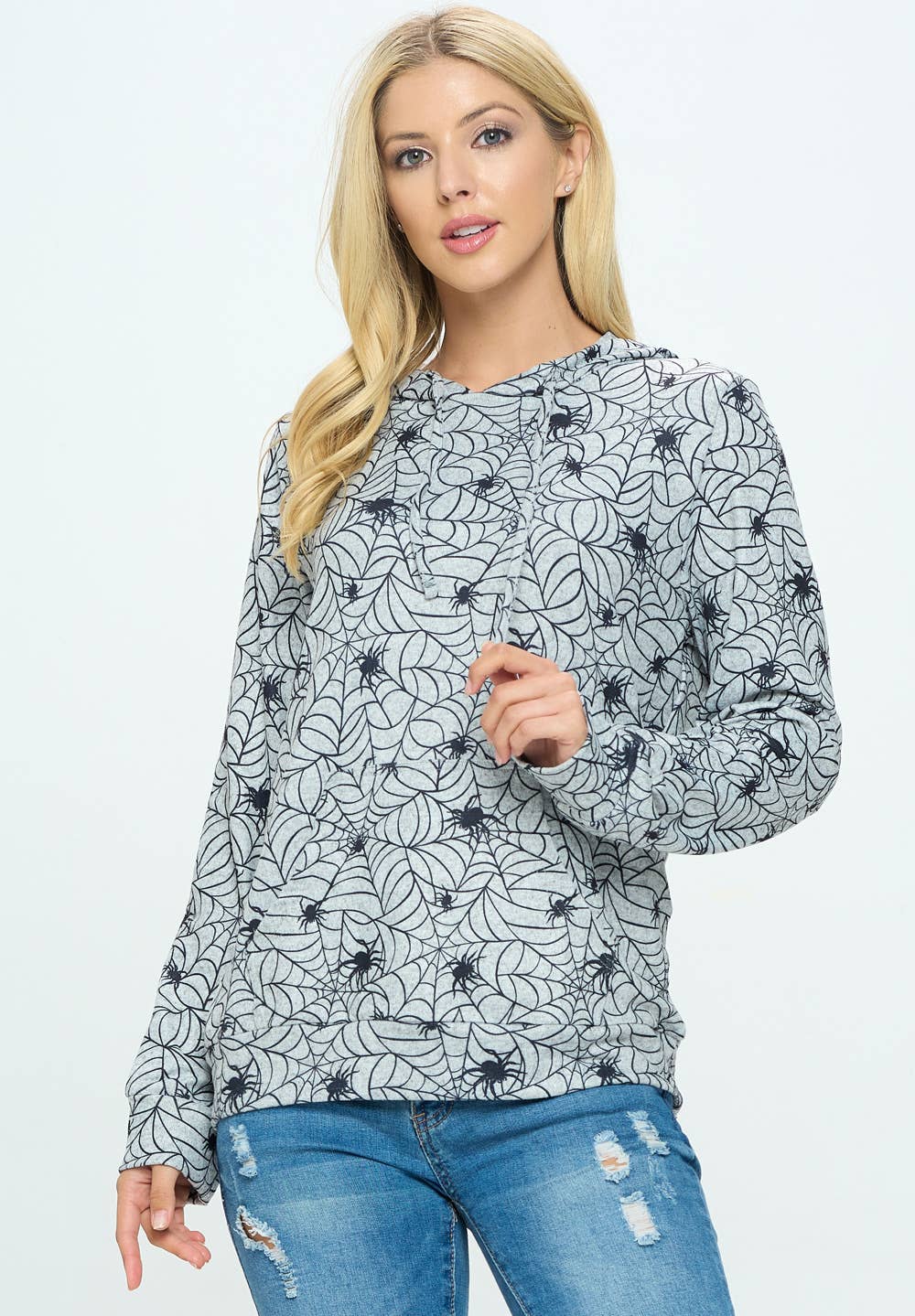 GREY Spider Web Print Hoodie With Pocket for wholesale on Faire0