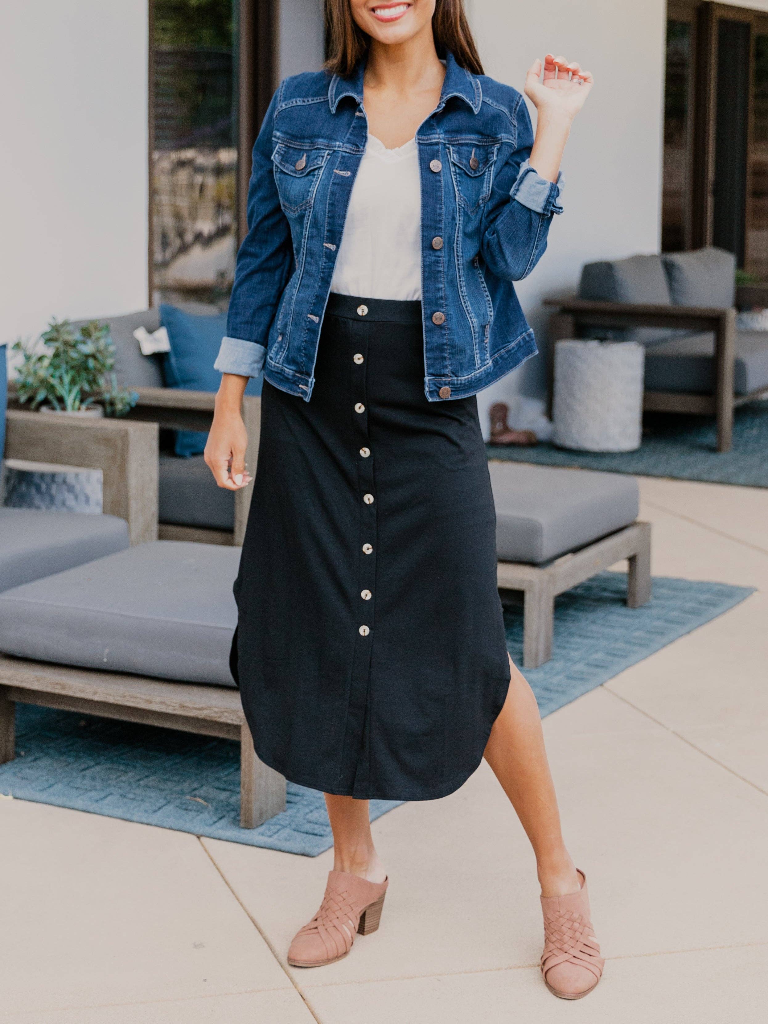 Tickled Teal - Wholesale Skirt - Women's - Scoop Hem Button Lyla Skirt4