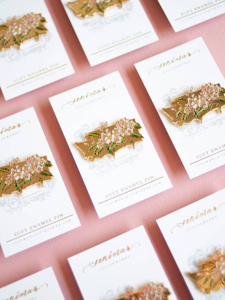 Gold Washington State Pacific Rhododendron Soft Enamel Pin for wholesale by Seniman Calligraphy