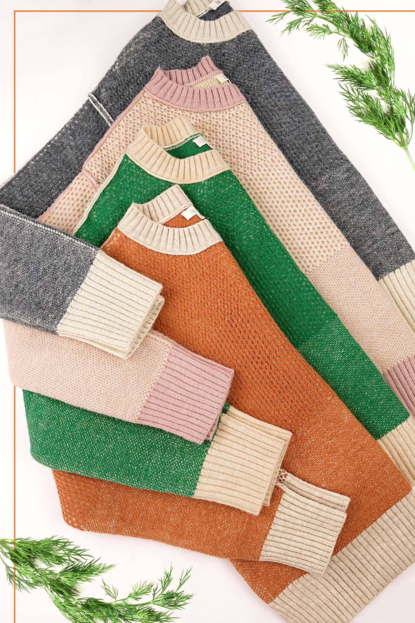 La Miel - Wholesale Knit Sweater - Women's - MCS3556-Loose Fit Color Block Textured Round Neck Sweater 33