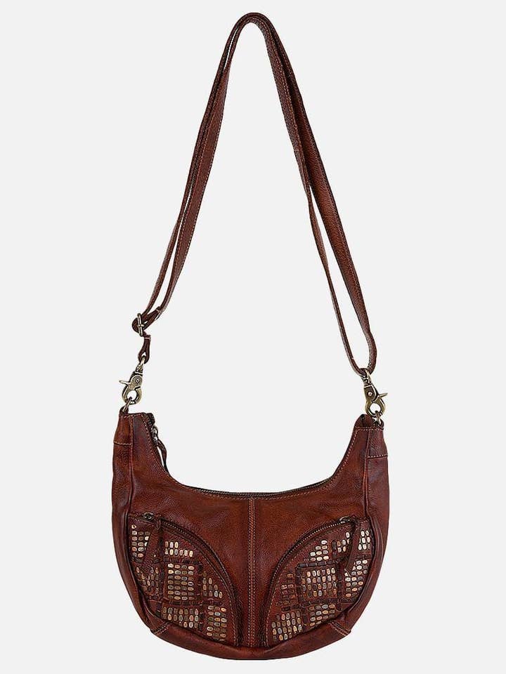 Andel | Cognac Studded Leather Crossbody Bag with Pockets for wholesale by Amsterdam Heritage Leather Belts, Bags, Jackets & Apparel