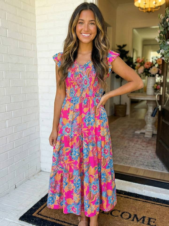 Robe Longue à Volants à Étages à Col en V Floral Boho LAS (S-XL) pour la vente par LA Society