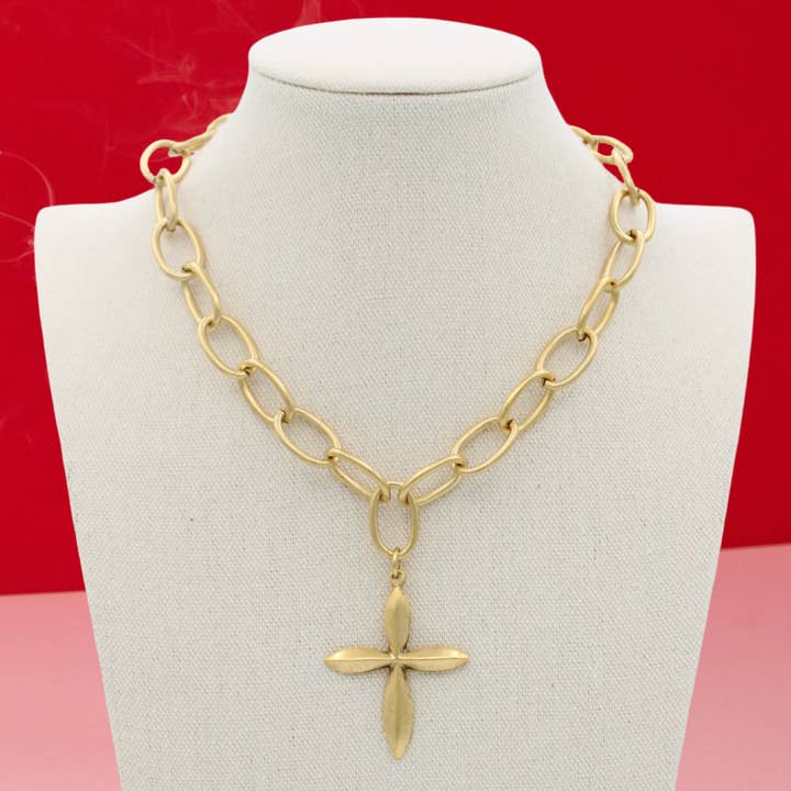 Gold Petal Cross Necklace, 17" for wholesale by Traci's Beads