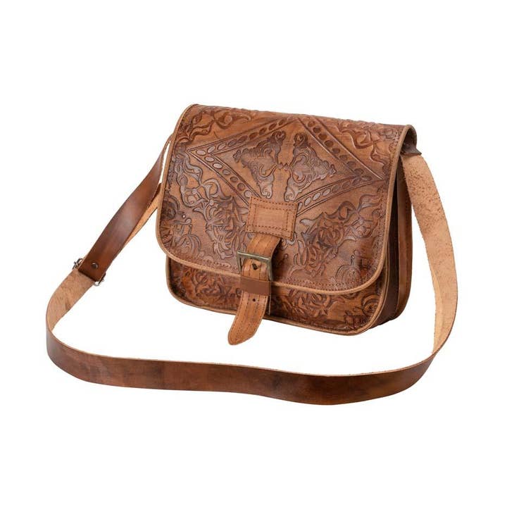 Sac à bandoulière en cuir gaufré | Marron pour la vente par Jerusalem Sandals