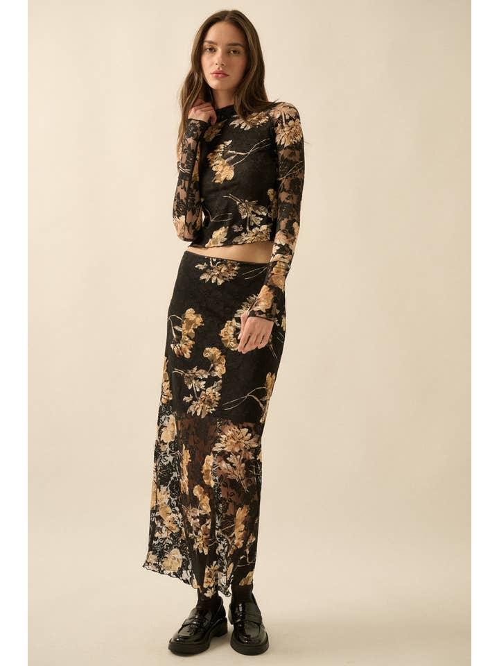 Black Floral-Print Lace Maxi Skirt for wholesale on Faire2