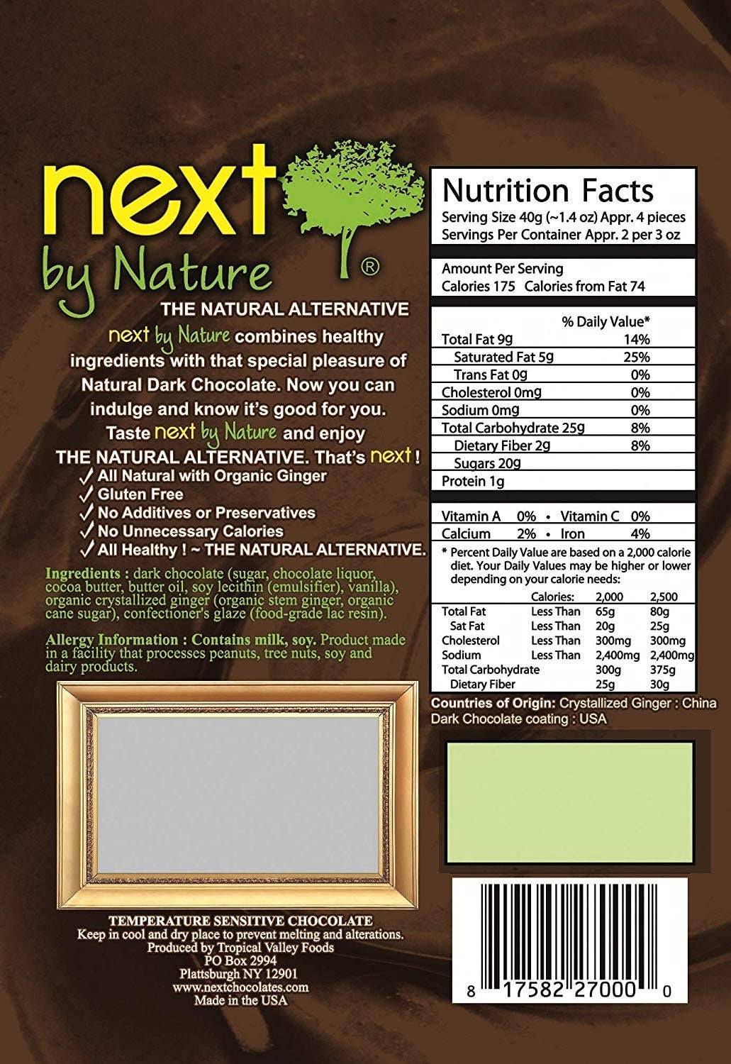 Next Organics - Wholesale Chocolate Covered Sweets - Dark Chocolate Ginger 3 oz1