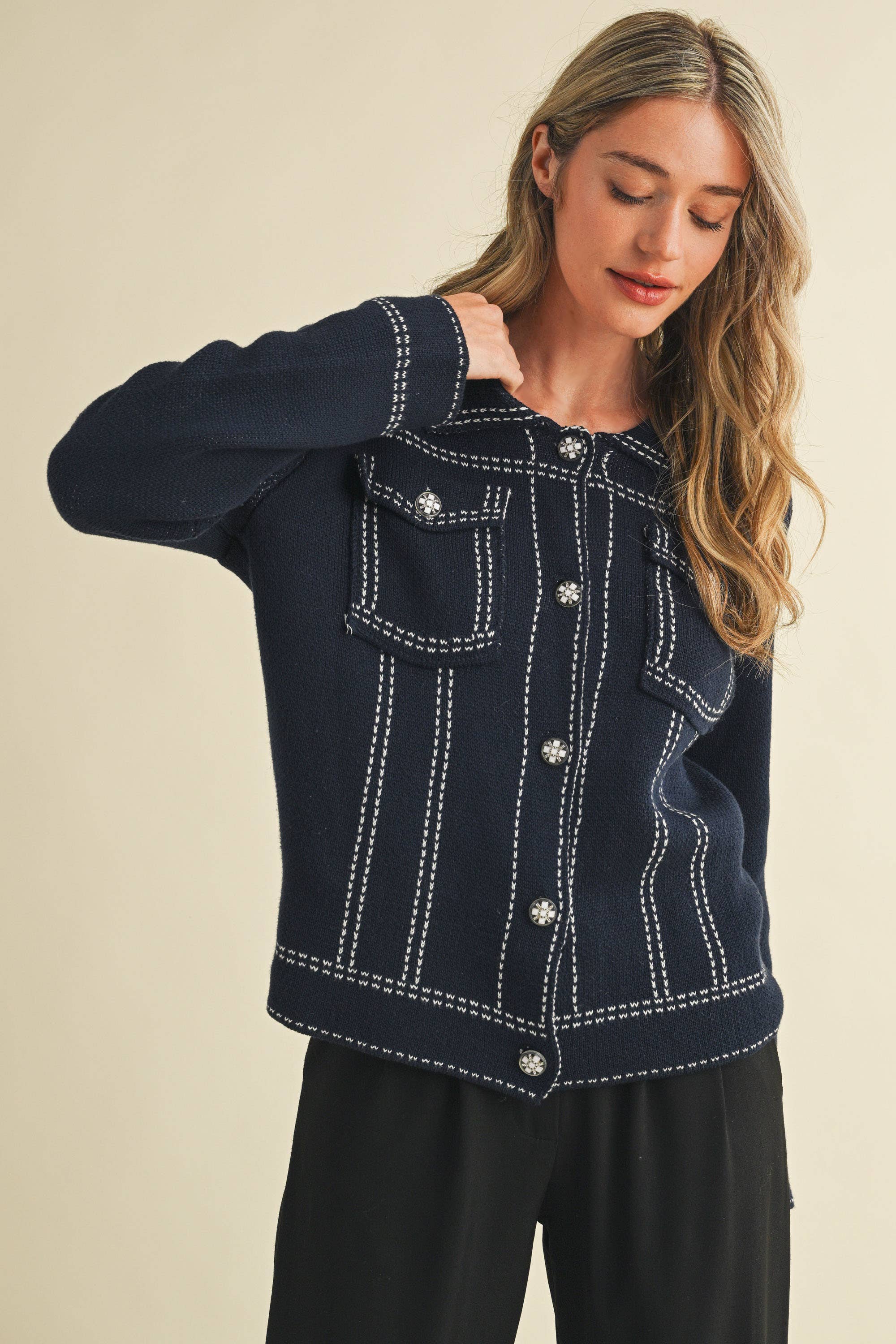 &MERCI - Wholesale Jacket - Women's - DENIM EFFECT KNIT SWEATER JACKET MSW1113012