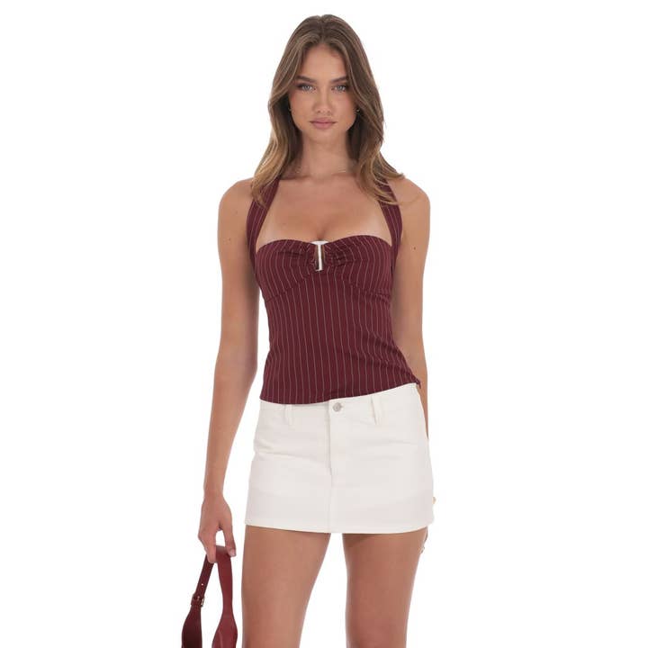 Halter Pinstripe Top In Burgundy for wholesale by Lucy In The Sky