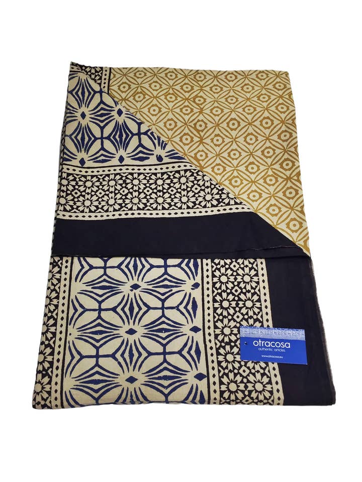 Plaid Bagru en coton Big -Otra Cosa -Noir/Marine/Écru/Doré -13 pour la vente par OTRACOSA