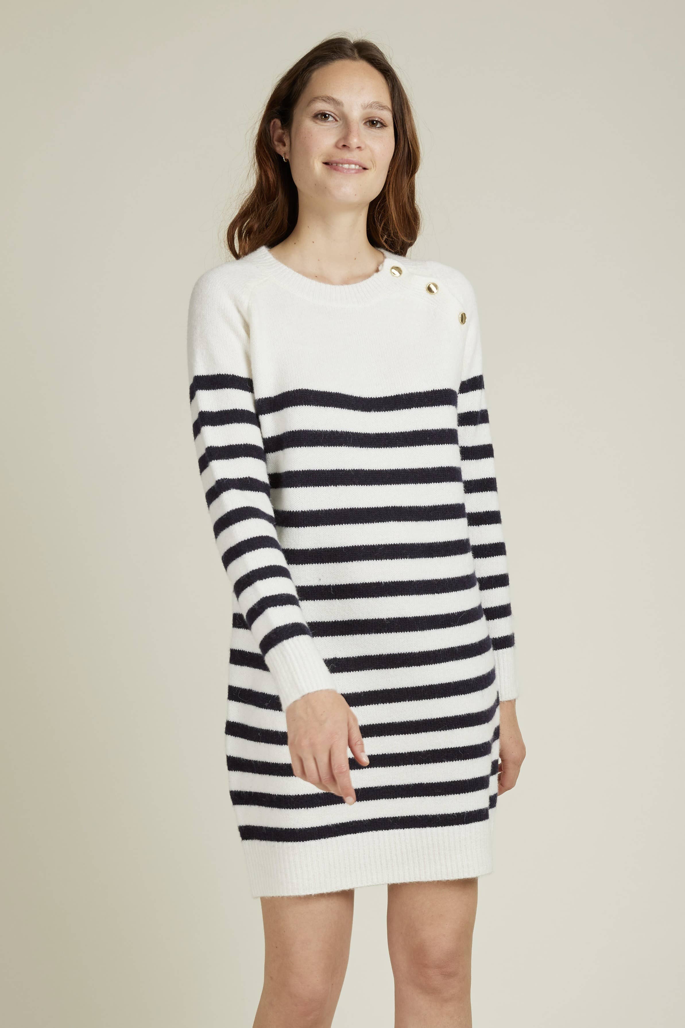 Andy & Lucy - Wholesale Dress - Women's - ARLENE - Mid-length sweater dress with stripes and gold buttons20