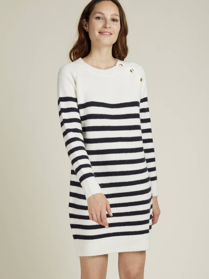 Andy & Lucy - Wholesale Dress - Women's - ARLENE - Mid-length sweater dress with stripes and gold buttons20