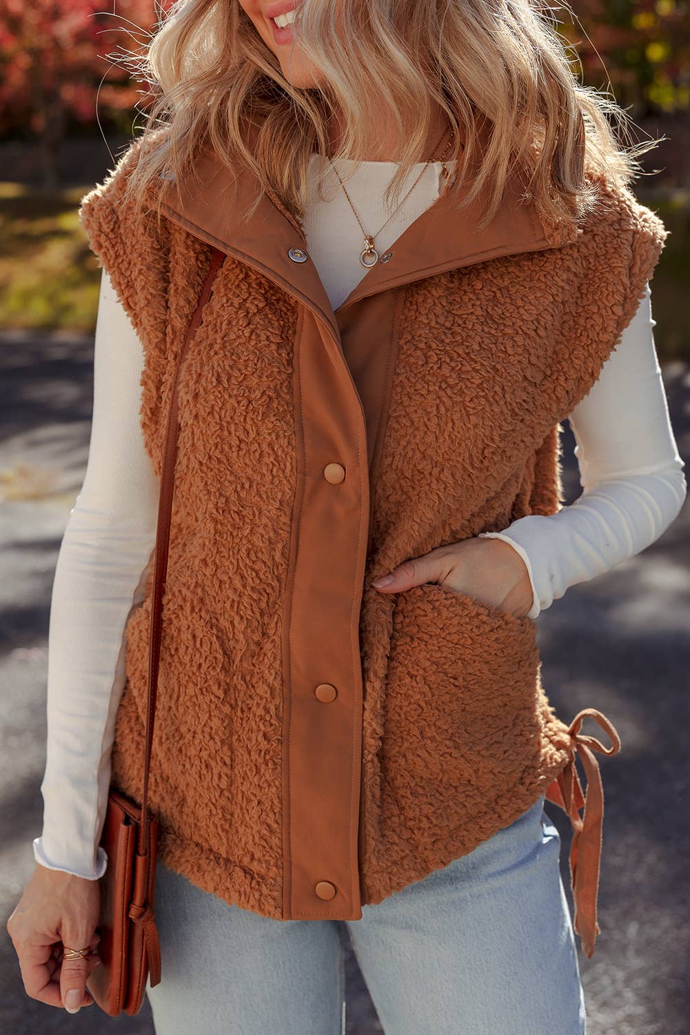 Cinnamon LDC Snap Button Front Knot Side Pocketed Plush Vest for wholesale on Faire