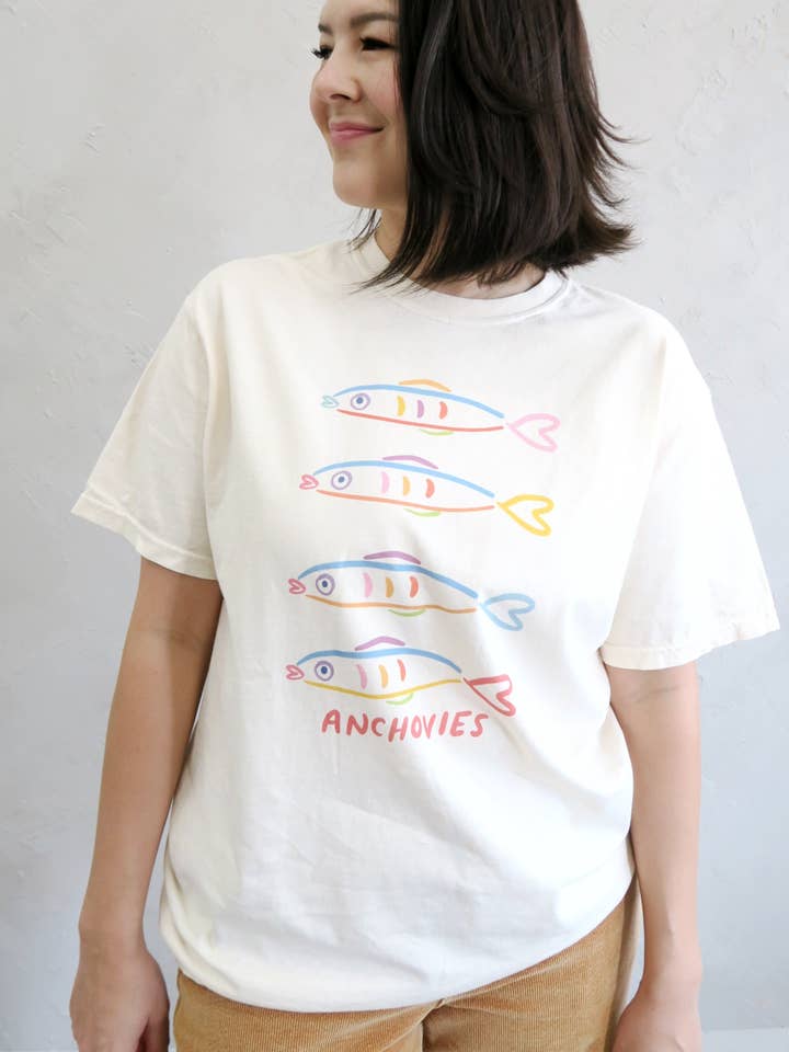 Joseph + Sue - Wholesale Screen Printed T-Shirt - Women's - Anchovies Tee, Vintage Wash T-Shirt