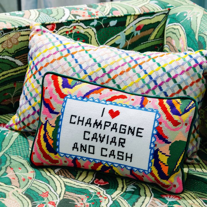 Caviar and Cash Needlepoint Pillow for wholesale by Furbish Studio