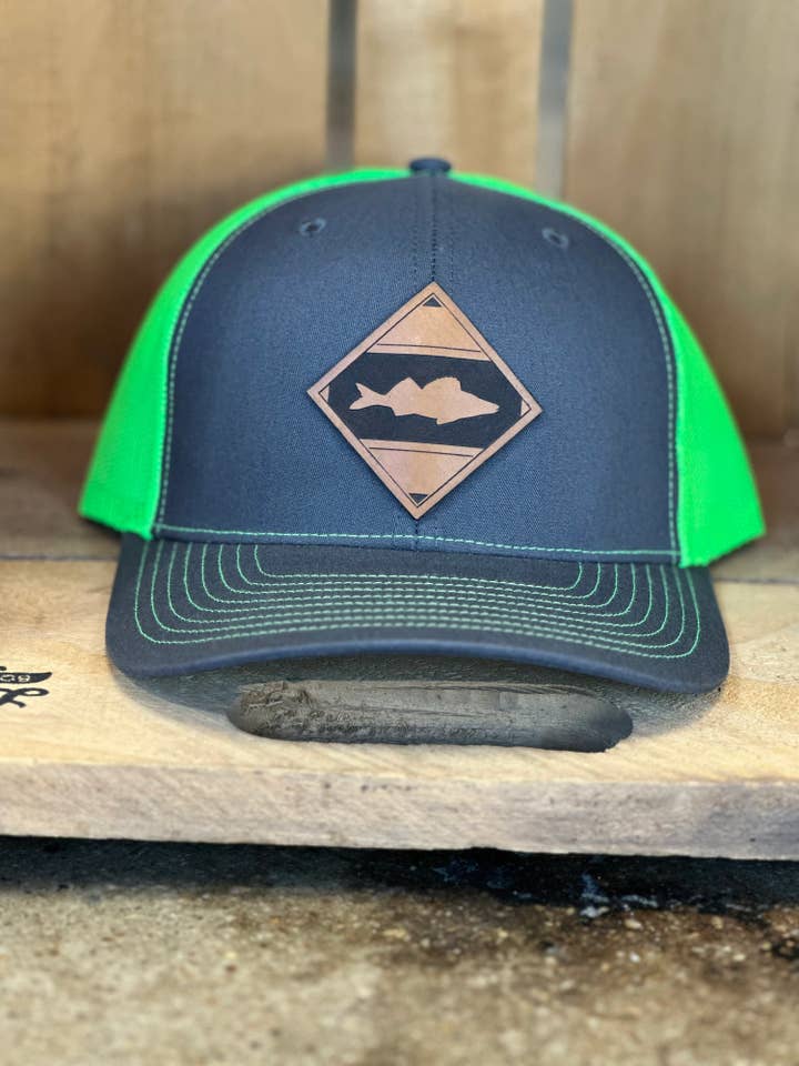 Diamond Fish Walleye Leather Patch Trucker Hat for wholesale by Sunshine and Jade