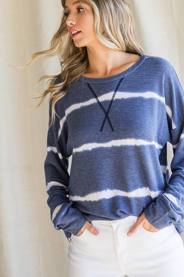 7th Ray – Engroshandel Strikket top - Dame – Stribet Tie Dye V-søm Drop Shoulder Langærmet Top T356522