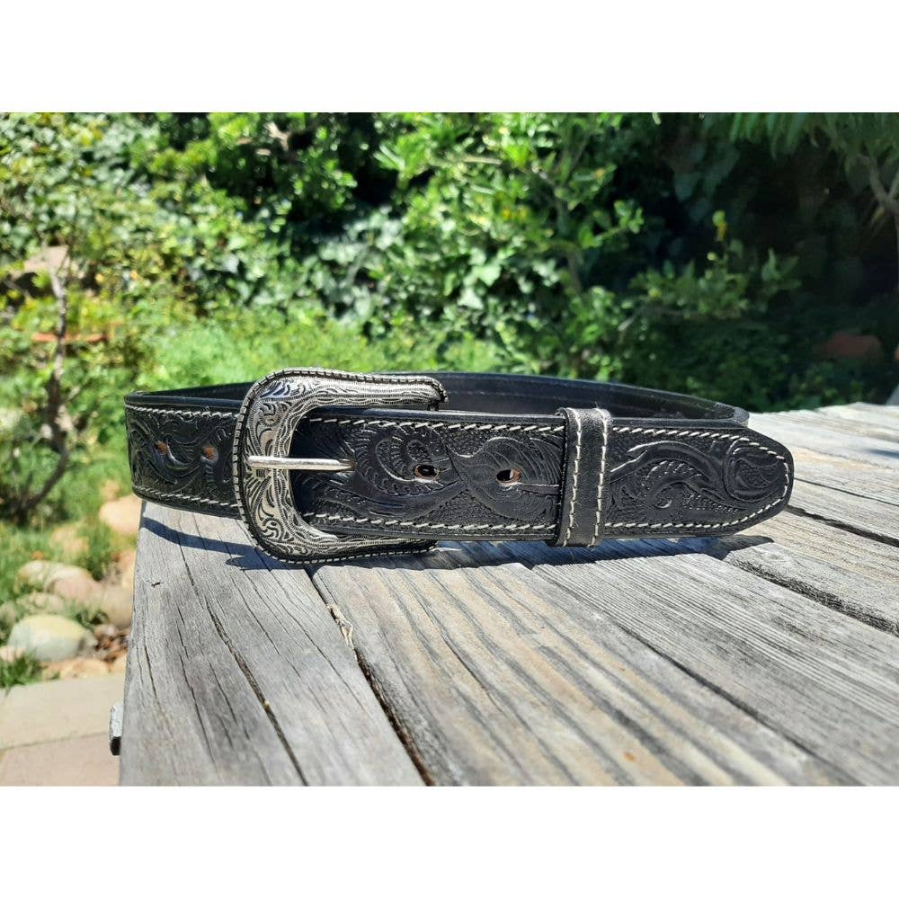 Baja Leather - Venta al por mayor Cinturón - Unisex - Cinturón de Cuero Occidental Tallado - Azteca - Cuero Negro5