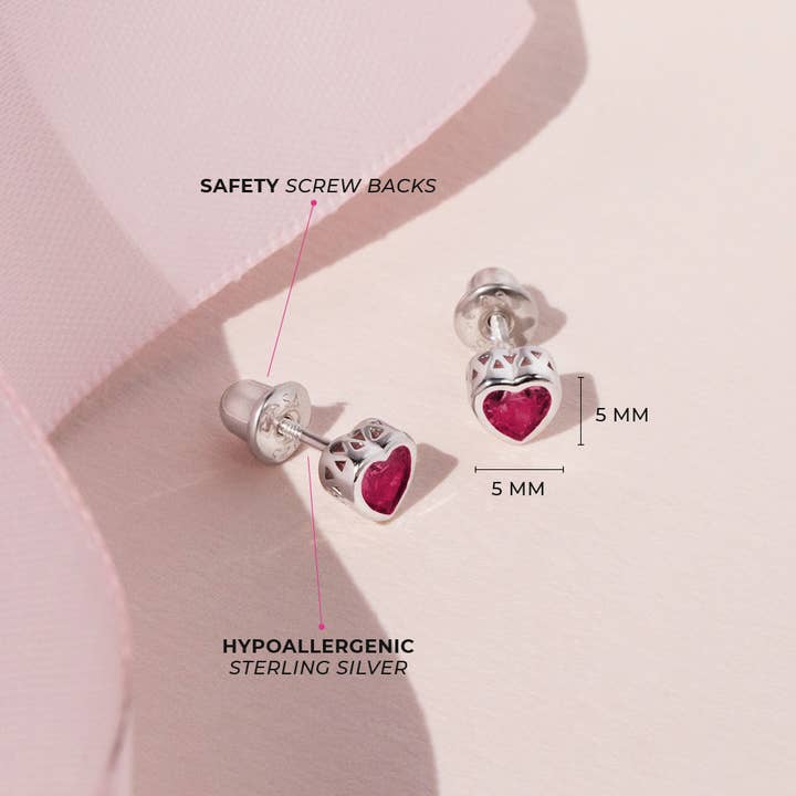 In Season Jewelry - Wholesale Earrings - Kids - CZ Birthstone Heart Toddler Kids Earrings - Sterling Silver59