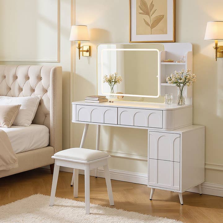 White Modern Makeup Vanity Desk with LED Lights & Mirror for wholesale on Faire7