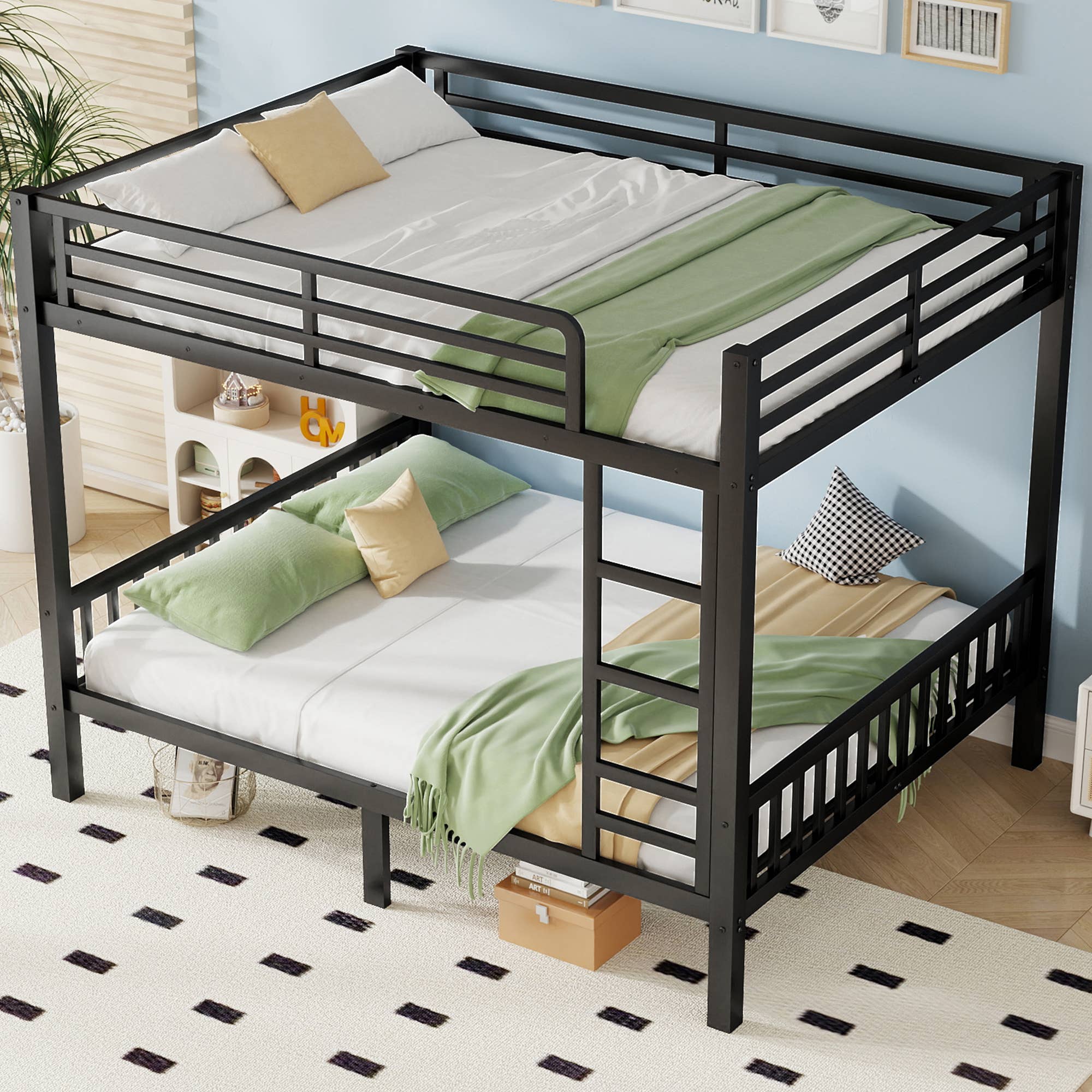 39F Inc. - Wholesale Bed - Queen Over Queen Metal Bunk Bed with Ladder, Black2