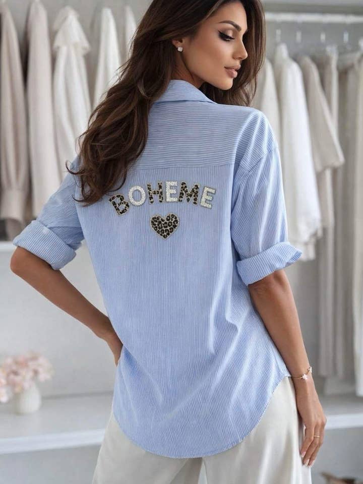 'BOHEME' Embellished Oversized Stripe Shirt Top-Blue for wholesale by Catwalk Wholesale