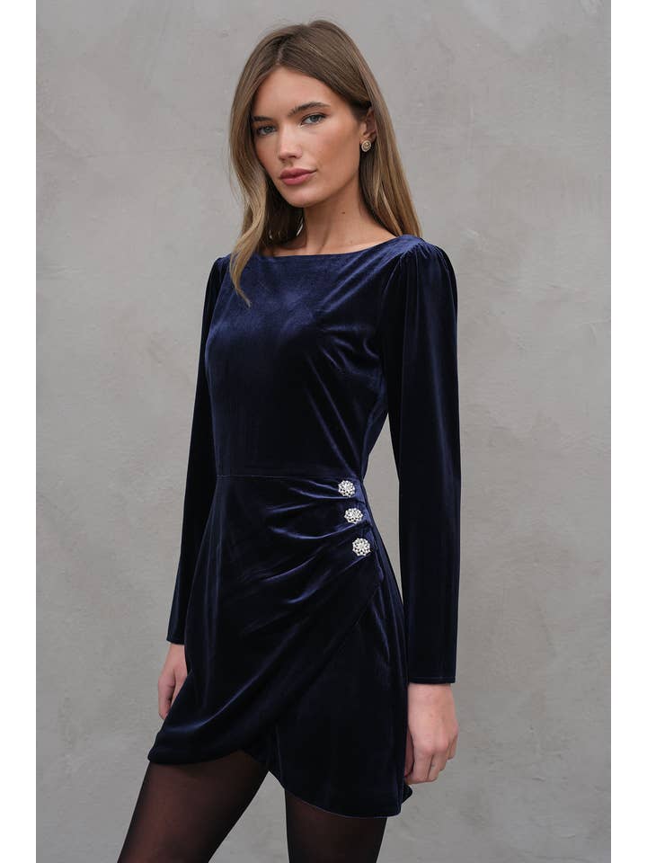 MIDNIGHT NAVY Velvet Dress With Jewel Buttons - RD1011 for wholesale on Faire4
