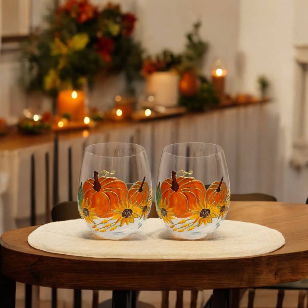 Jersey Art Glass - Wholesale Wine Glass - Painted Pumpkin Stemless Glass (Set of 2)5
