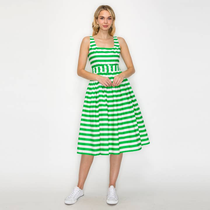 Robe Midi Classique à Rayures Vertes Chanceuses - LWD3043 pour la vente par LoveWednesday